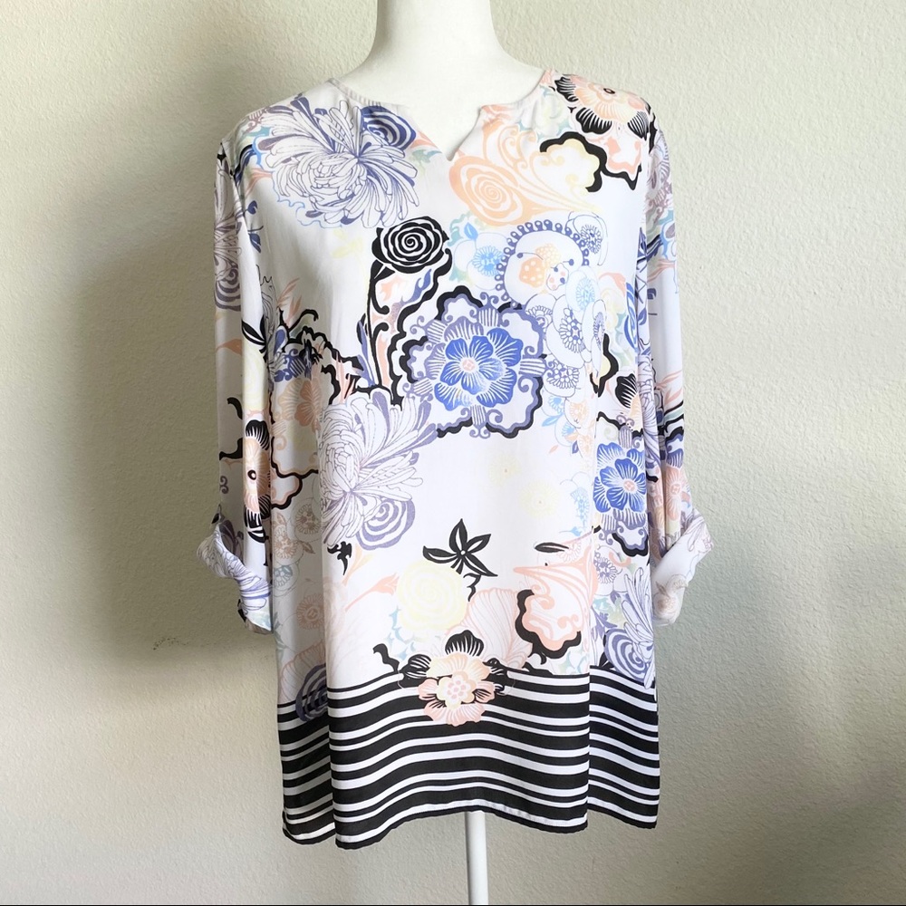 Chico's Floral Roll Tab Sleeve Tunic Blouse 2